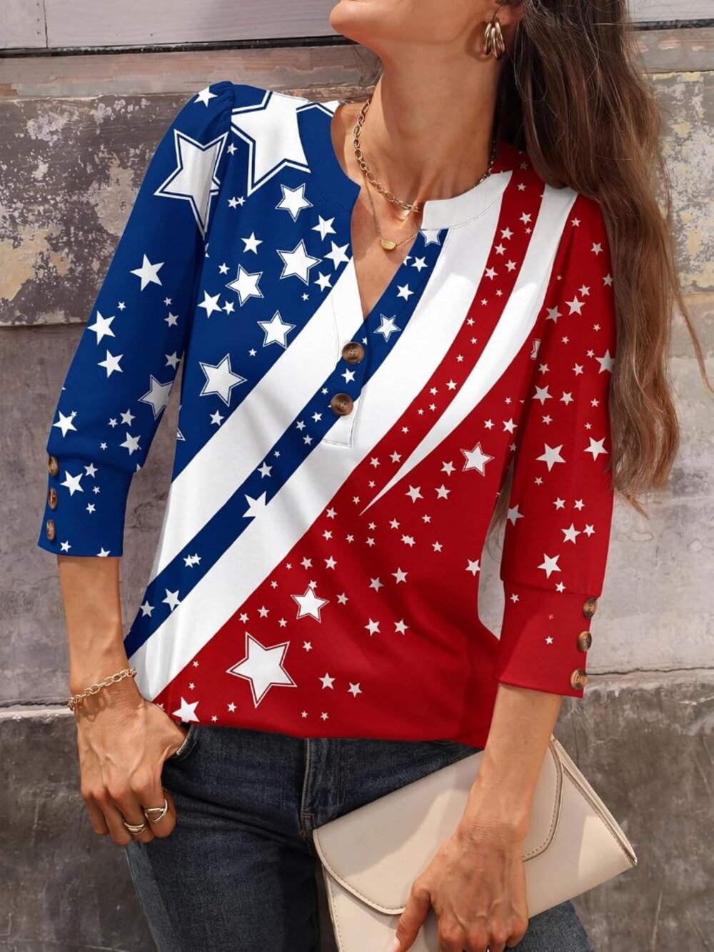 Women's Star Henley Sleeve Tops V Neck Comfy Fabric Shirts Versatile Casual - Picture 2 of 6